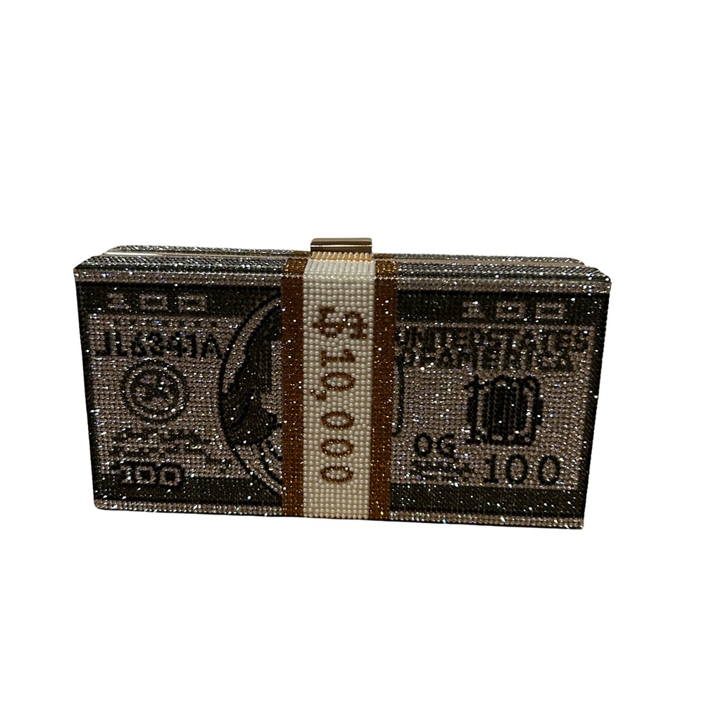 BRAND NEW! Blinged Out Ice Crystal Money Stack Clutch Handbag. BOSS LADY Accents